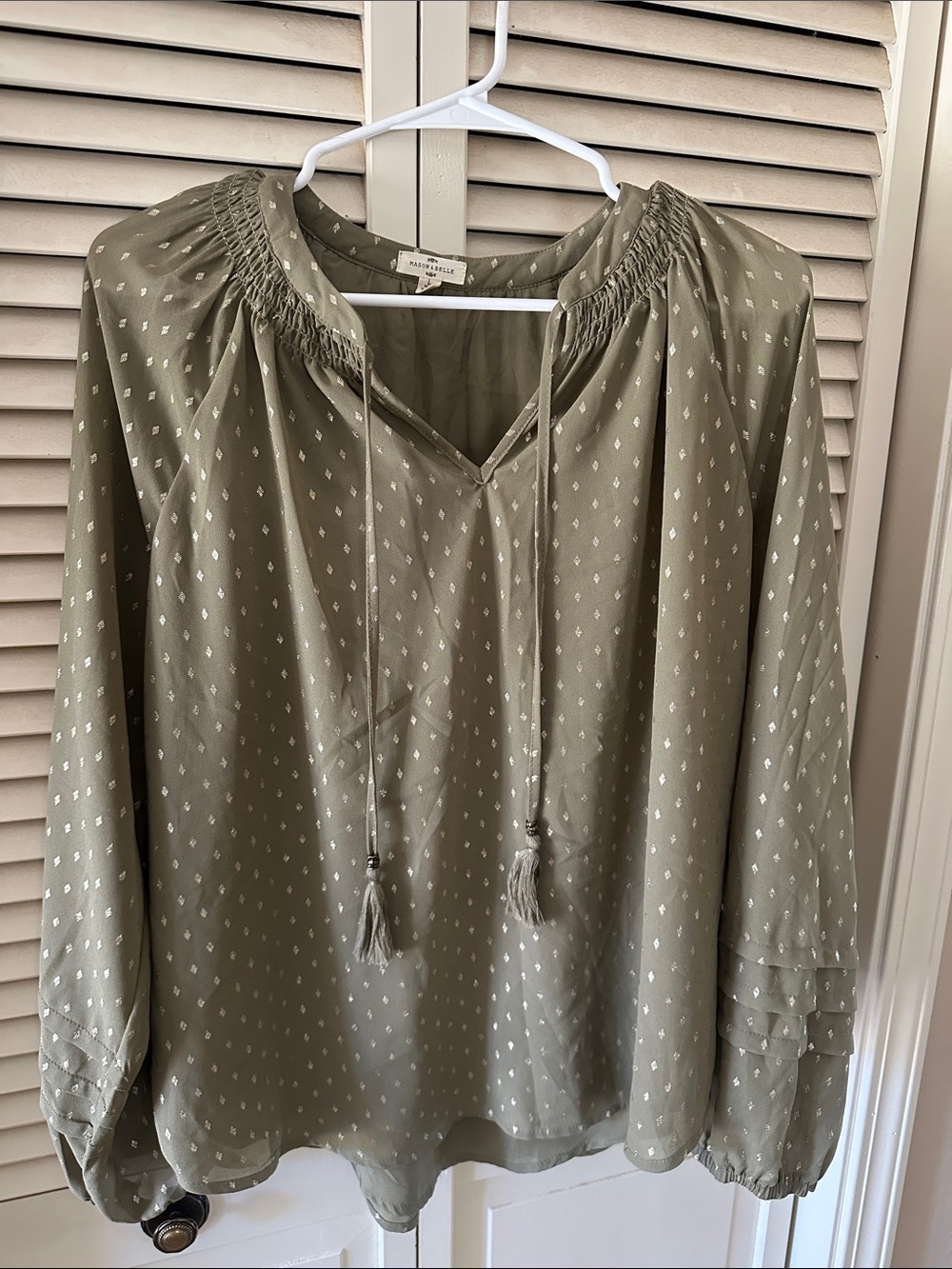 Smocked Neck Olive Tassel Peasant Tunic